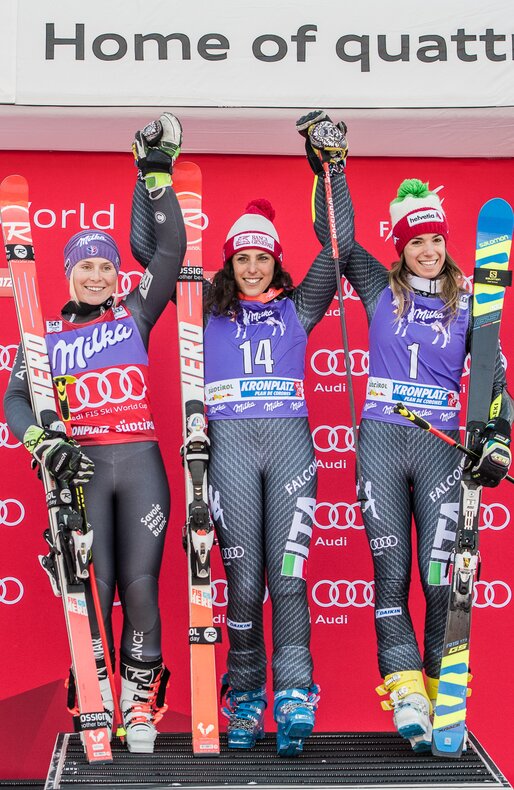 Die drei erstplatzierten Skirennläuferinnen auf dem Podest. | © Harald Wisthaler