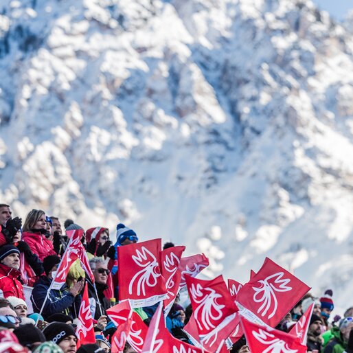 Ein Zuschauerrang mit roten Fahnen vor einem verschneiten Bergpanorama. | © Harald Wisthaler