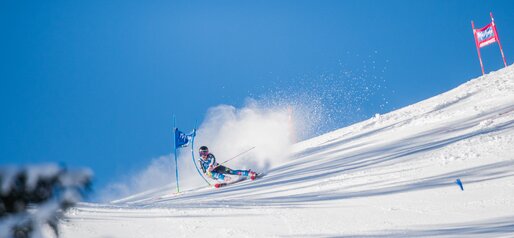 Eine Skirennläuferin fährt durch Slalomtore, im Hintergrund blauer Himmel. | © Harald Wisthaler