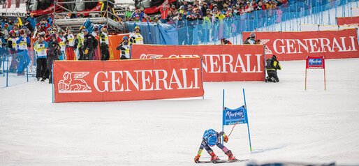 Eine Skirennläuferin, die mit den Händen voraus durch den Zielbogen fährt. | © Harald Wisthaler